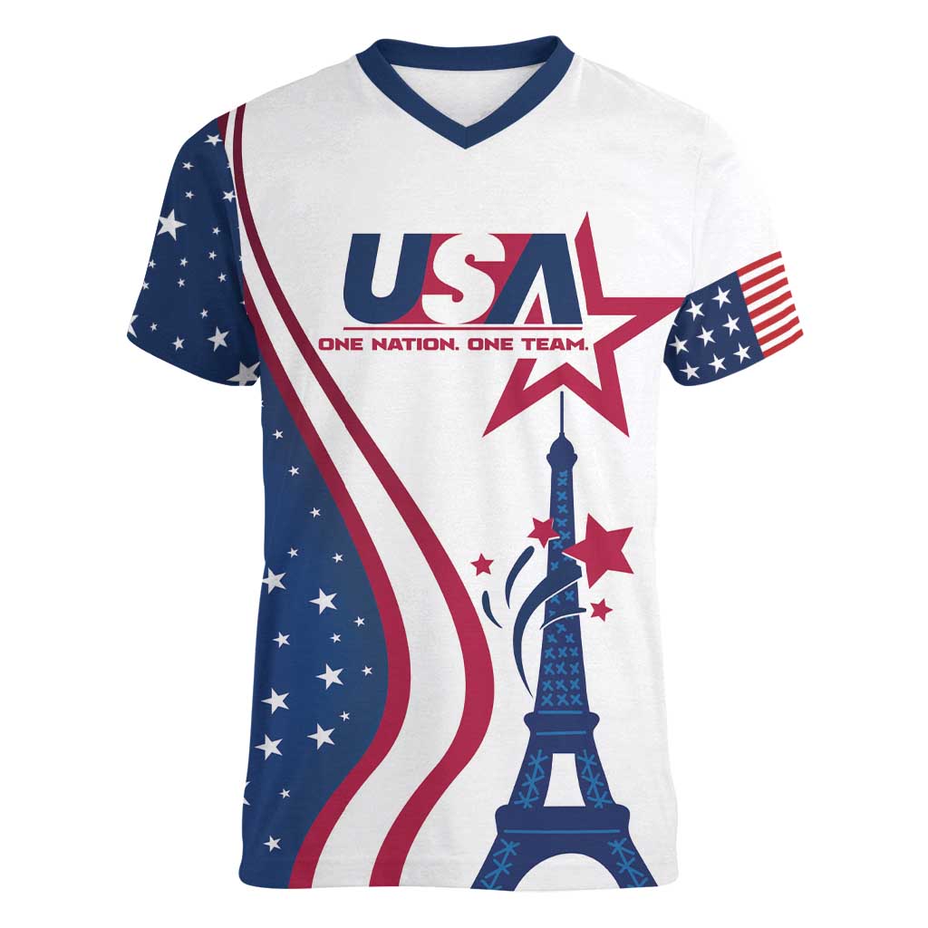 Custom USA Eiffel Tower Women V-Neck T-Shirt One Nation One Team - Wonder Print Shop