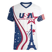 Custom USA Eiffel Tower Women V-Neck T-Shirt One Nation One Team - Wonder Print Shop