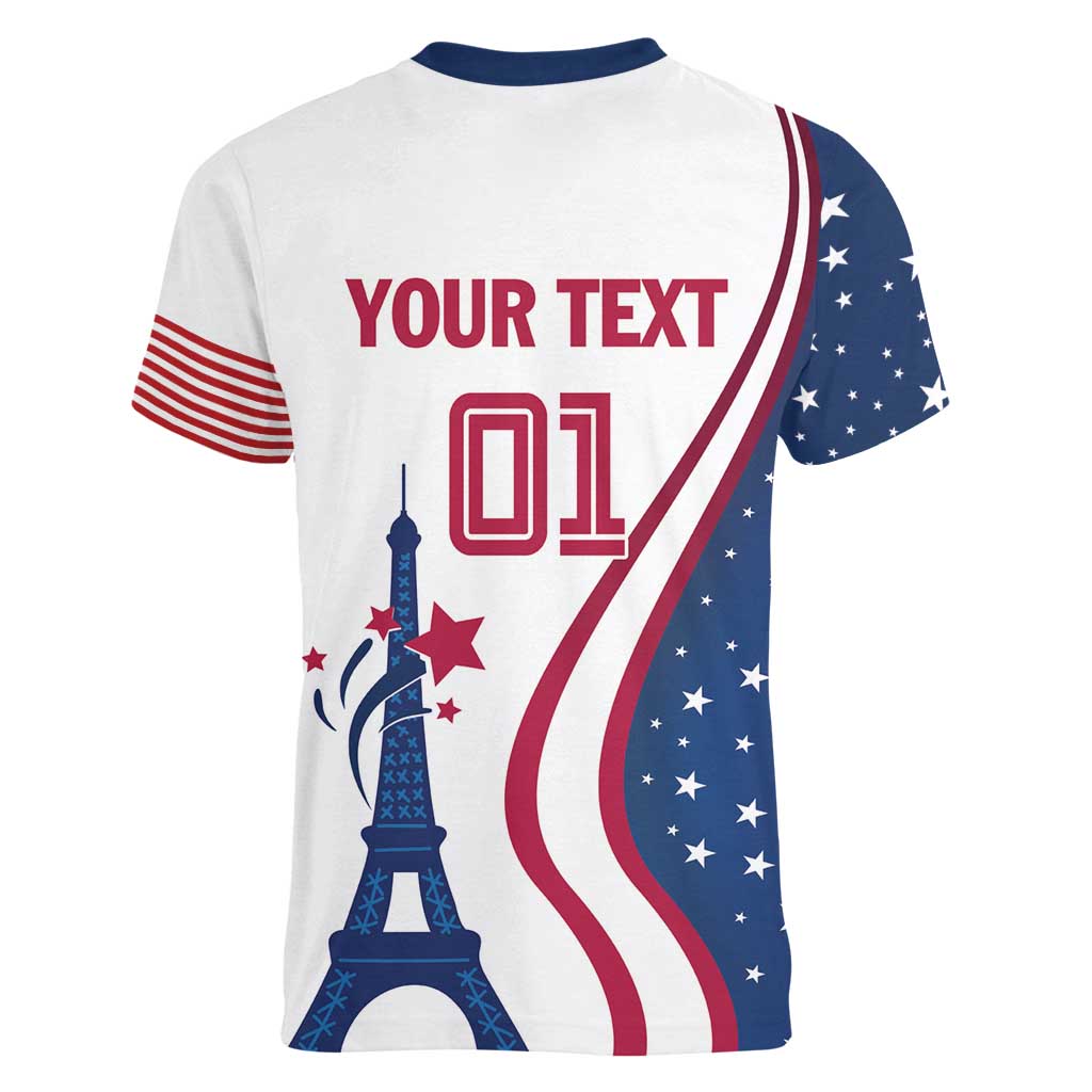 Custom USA Eiffel Tower Women V-Neck T-Shirt One Nation One Team - Wonder Print Shop