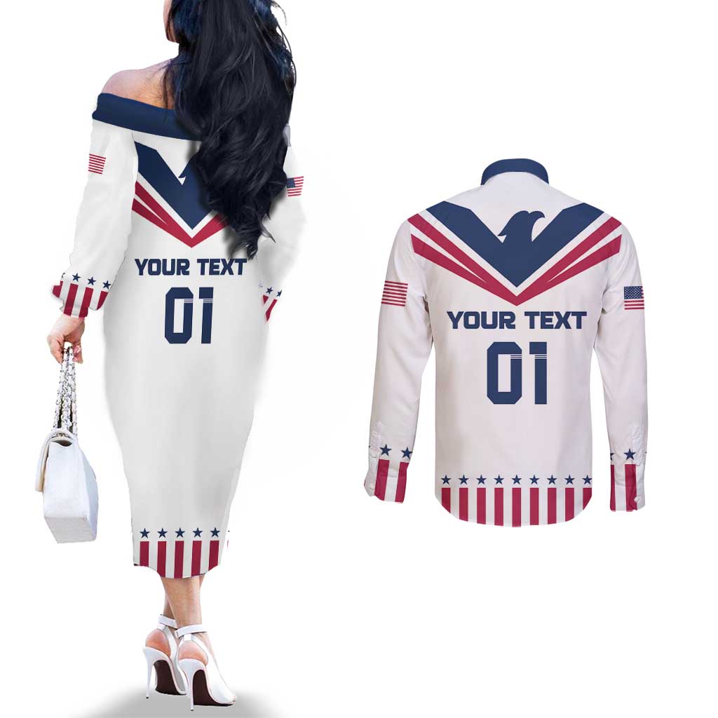 Custom USA 2024 Eiffel Tower Couples Matching Off The Shoulder Long Sleeve Dress and Long Sleeve Button Shirt United States Summer Sport