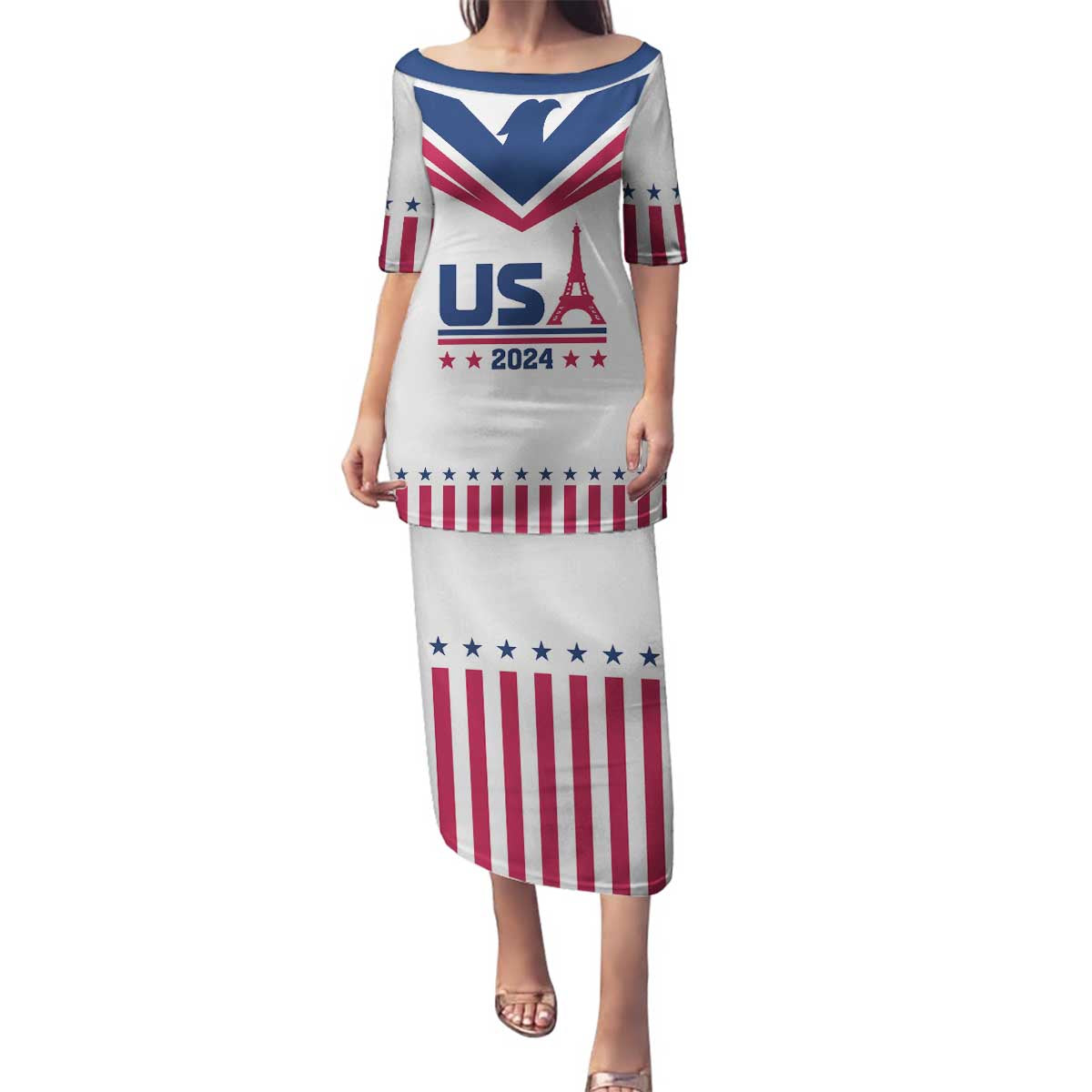 Custom USA 2024 Eiffel Tower Family Matching Puletasi and Hawaiian Shirt United States Summer Sport - Wonder Print Shop