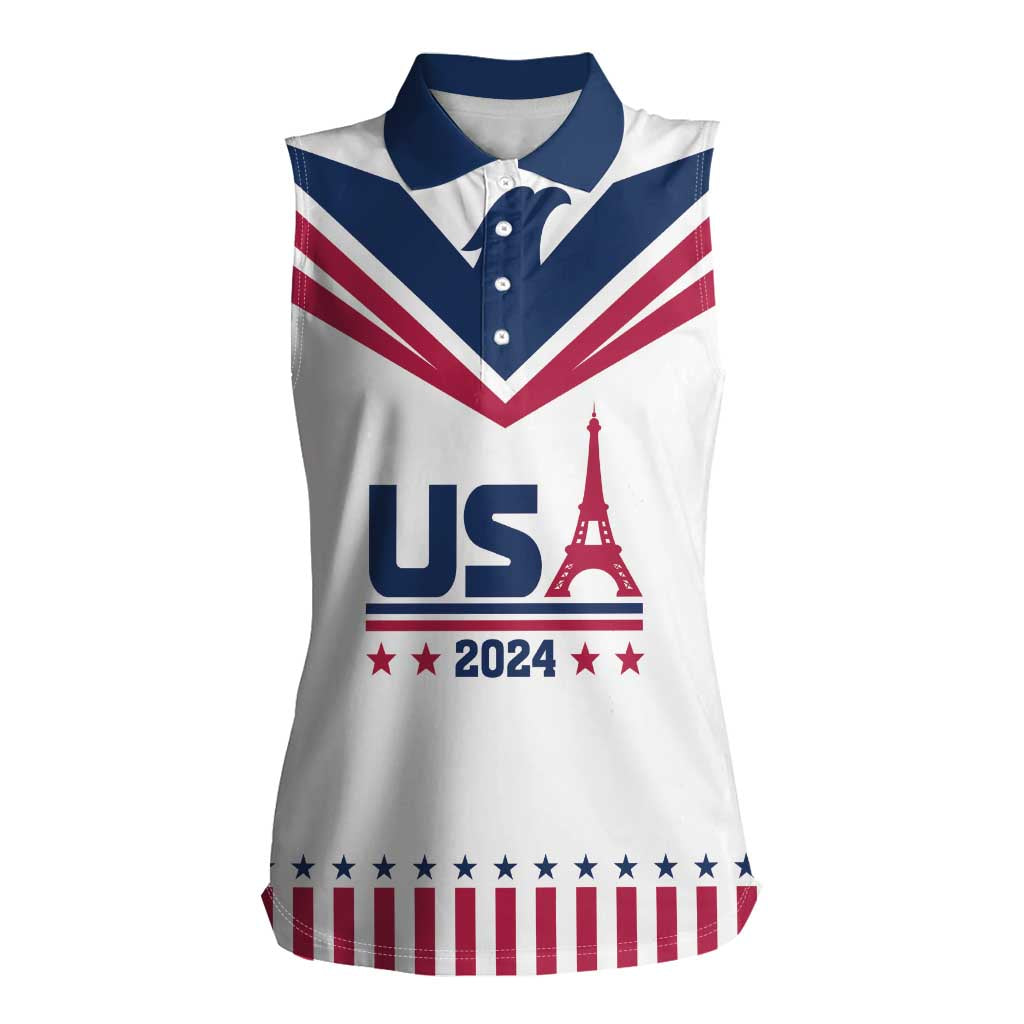 Custom USA 2024 Eiffel Tower Women Sleeveless Polo Shirt United States Summer Sport - Wonder Print Shop