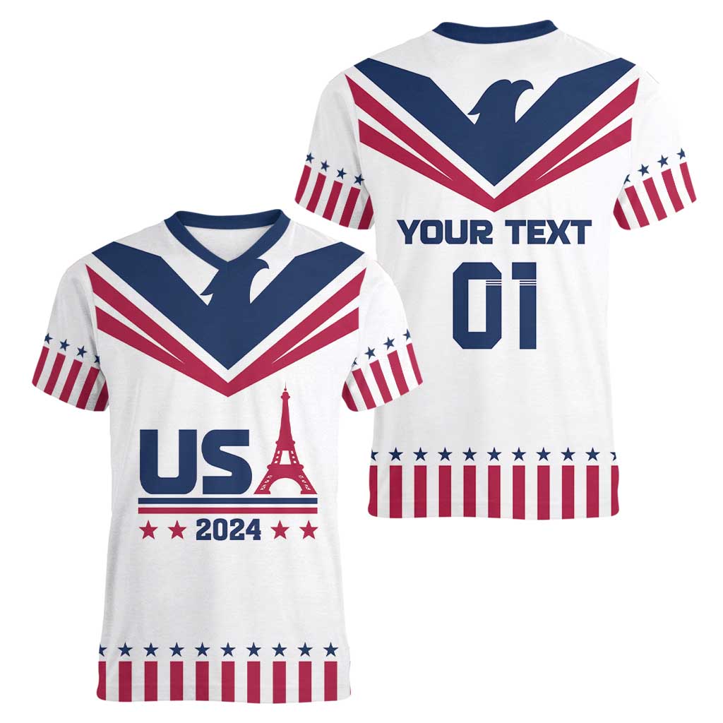Custom USA 2024 Eiffel Tower Women V-Neck T-Shirt United States Summer Sport - Wonder Print Shop