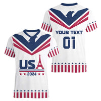 Custom USA 2024 Eiffel Tower Women V-Neck T-Shirt United States Summer Sport - Wonder Print Shop