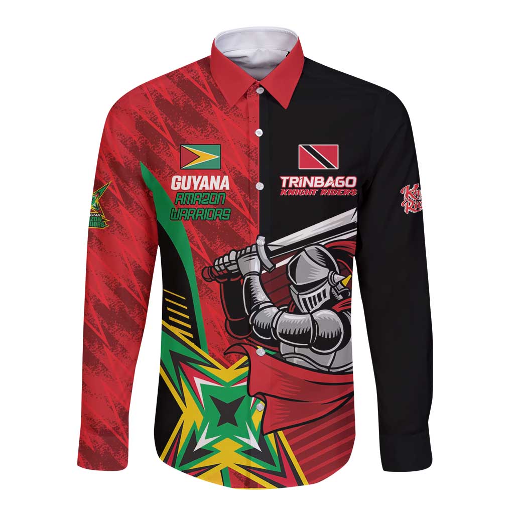 Custom Amazon Warriors Vs Knight Riders Long Sleeve Button Shirt Trinbago and Guyana Face Off Cricket LT01