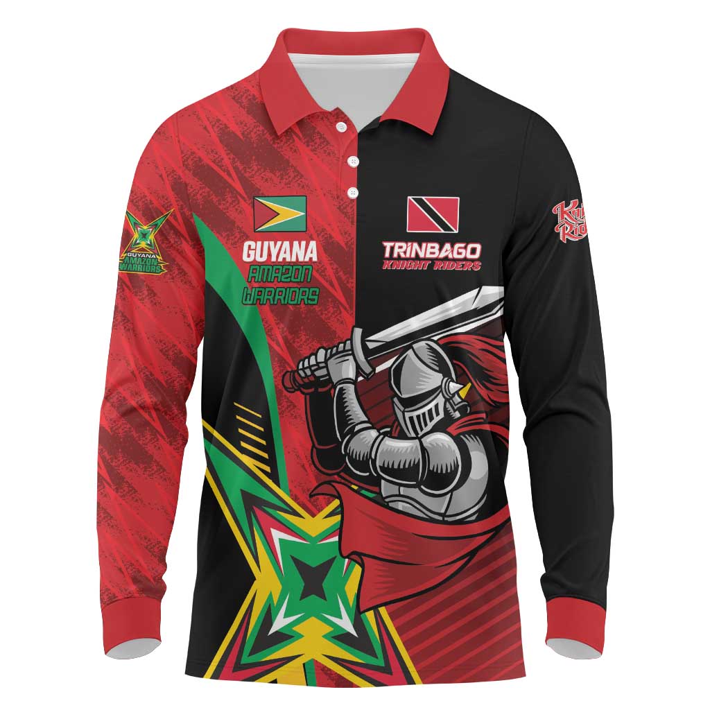 Custom Amazon Warriors Vs Knight Riders Long Sleeve Polo Shirt Trinbago and Guyana Face Off Cricket LT01