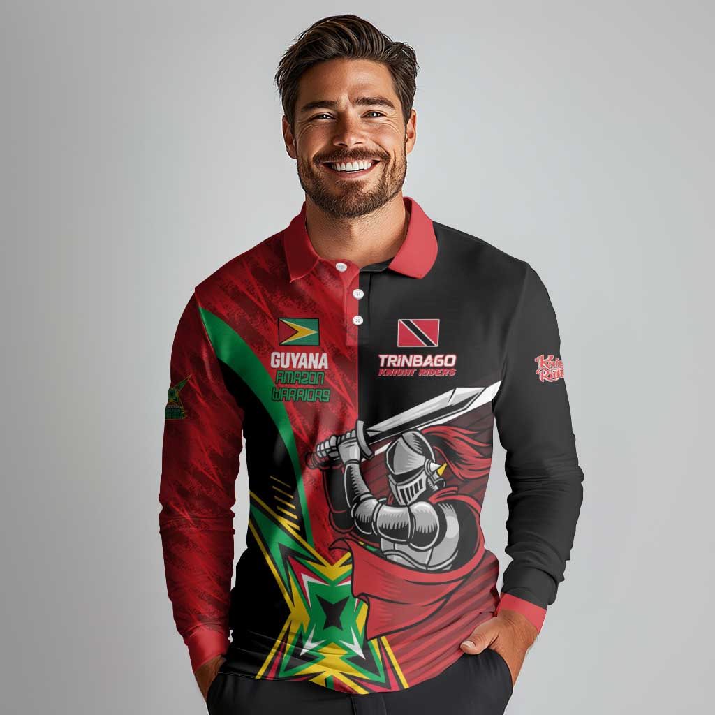 Custom Amazon Warriors Vs Knight Riders Long Sleeve Polo Shirt Trinbago and Guyana Face Off Cricket LT01