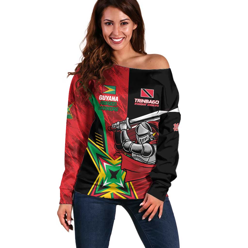 Custom Amazon Warriors Vs Knight Riders Off Shoulder Sweater Trinbago and Guyana Face Off Cricket LT01
