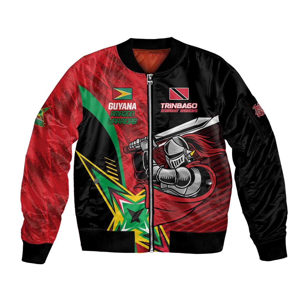 Custom Amazon Warriors Vs Knight Riders Sleeve Zip Bomber Jacket Trinbago and Guyana Face Off Cricket LT01