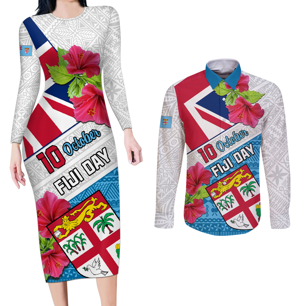 Fiji Day Couples Matching Long Sleeve Bodycon Dress and Long Sleeve Button Shirts Fijian Hibiscus Special Version - Wonder Print Shop