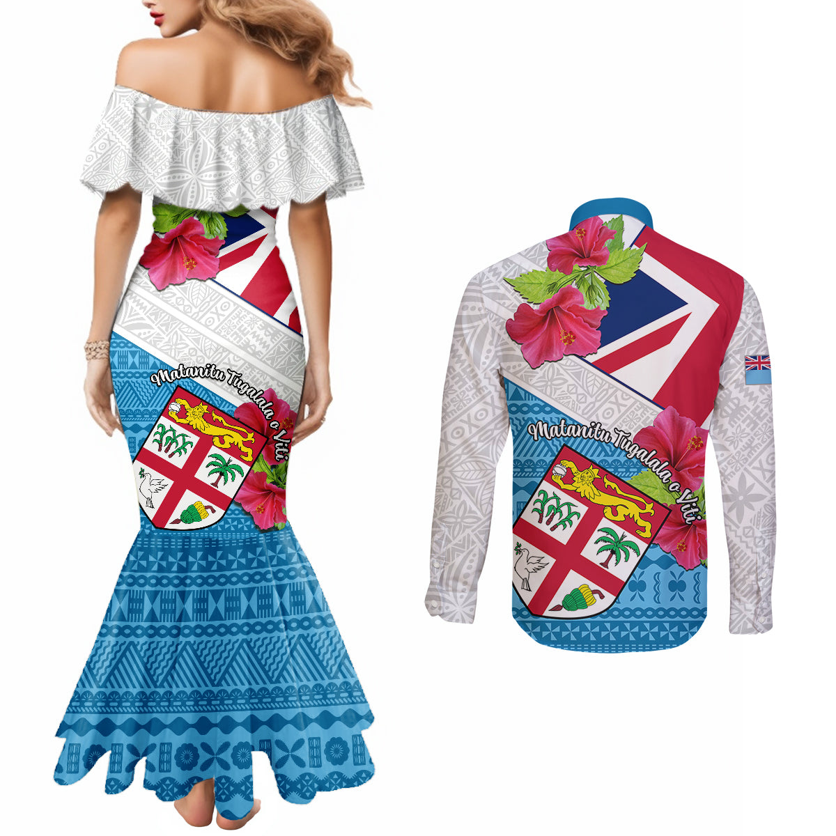 fiji-day-couples-matching-mermaid-dress-and-long-sleeve-button-shirts-fijian-hibiscus-special-version
