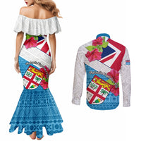 fiji-day-couples-matching-mermaid-dress-and-long-sleeve-button-shirts-fijian-hibiscus-special-version