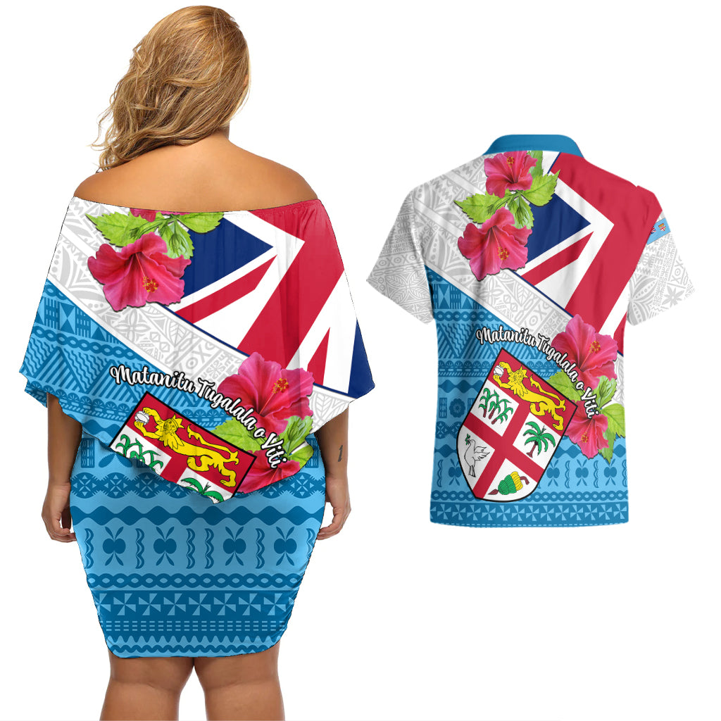 Fiji Day Couples Matching Off Shoulder Short Dress and Hawaiian Shirt Fijian Hibiscus Special Version - Wonder Print Shop