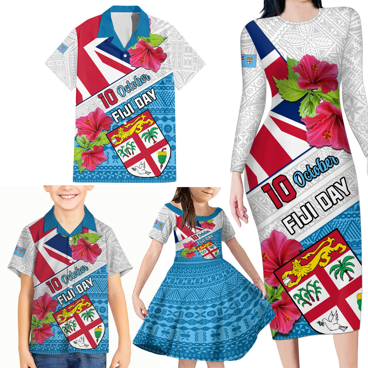 Fiji Day Family Matching Long Sleeve Bodycon Dress and Hawaiian Shirt Fijian Hibiscus Special Version - Wonder Print Shop