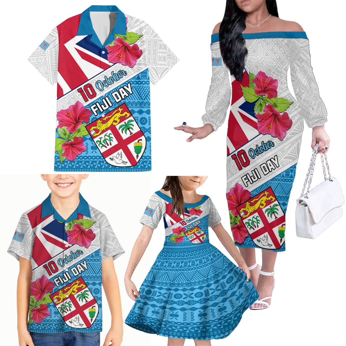 Fiji Day Family Matching Off Shoulder Long Sleeve Dress and Hawaiian Shirt Fijian Hibiscus Special Version - Wonder Print Shop