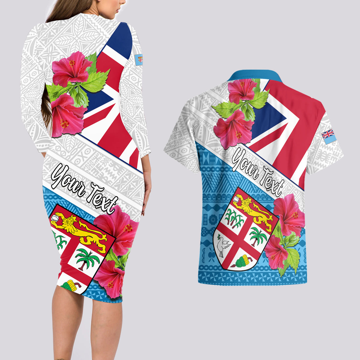 Personalised Fiji Day Couples Matching Long Sleeve Bodycon Dress and Hawaiian Shirt Fijian Hibiscus Special Version - Wonder Print Shop