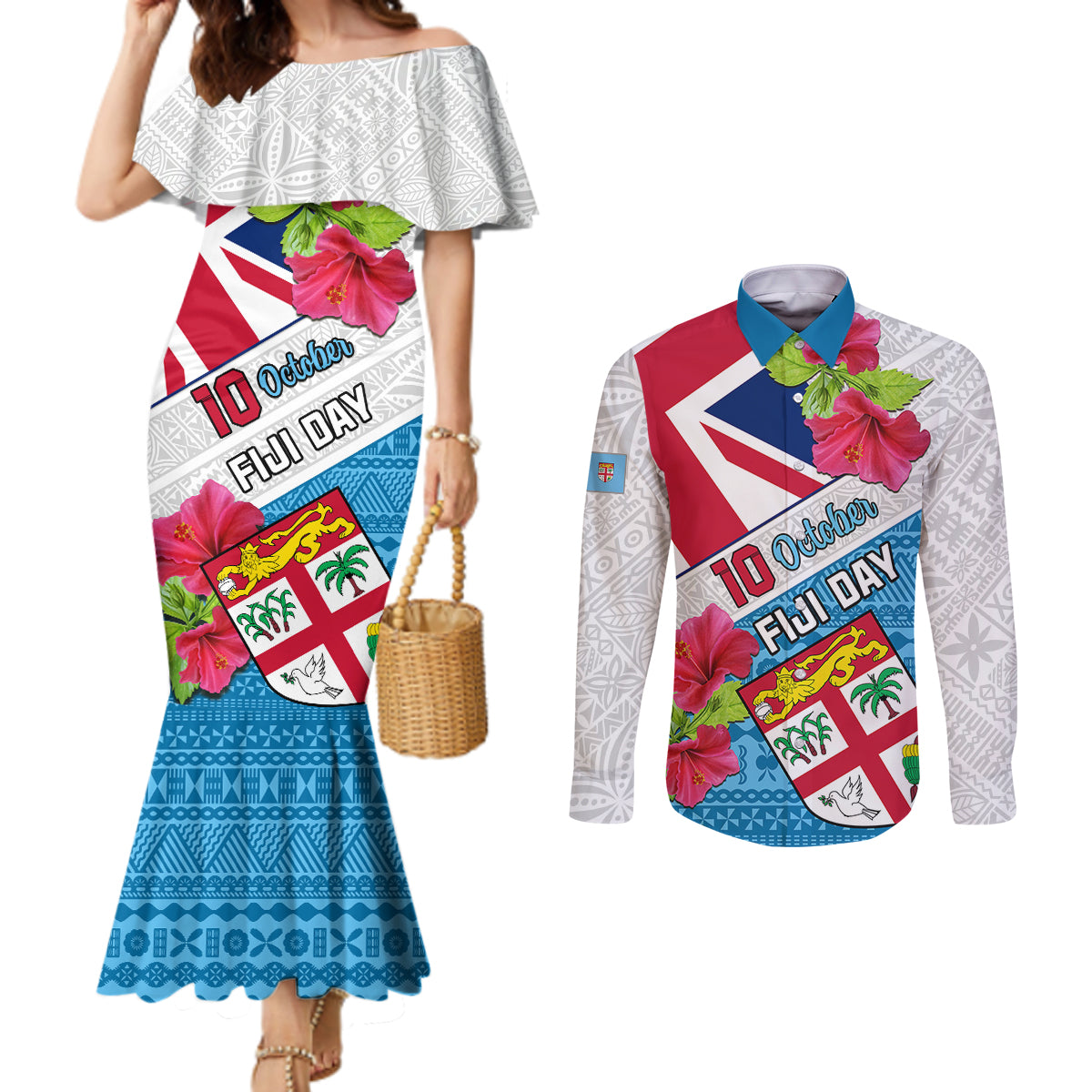 personalised-fiji-day-couples-matching-mermaid-dress-and-long-sleeve-button-shirts-fijian-hibiscus-special-version