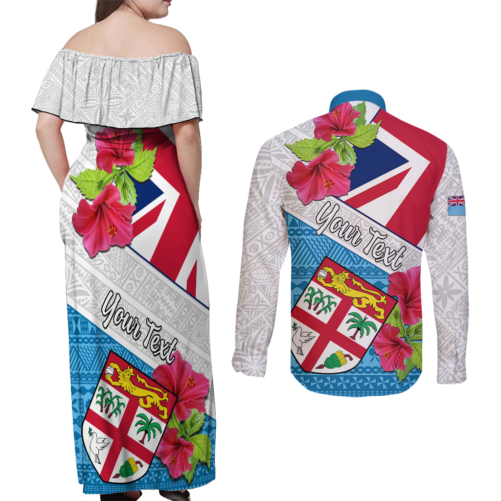 Personalised Fiji Day Couples Matching Off Shoulder Maxi Dress and Long Sleeve Button Shirts Fijian Hibiscus Special Version - Wonder Print Shop