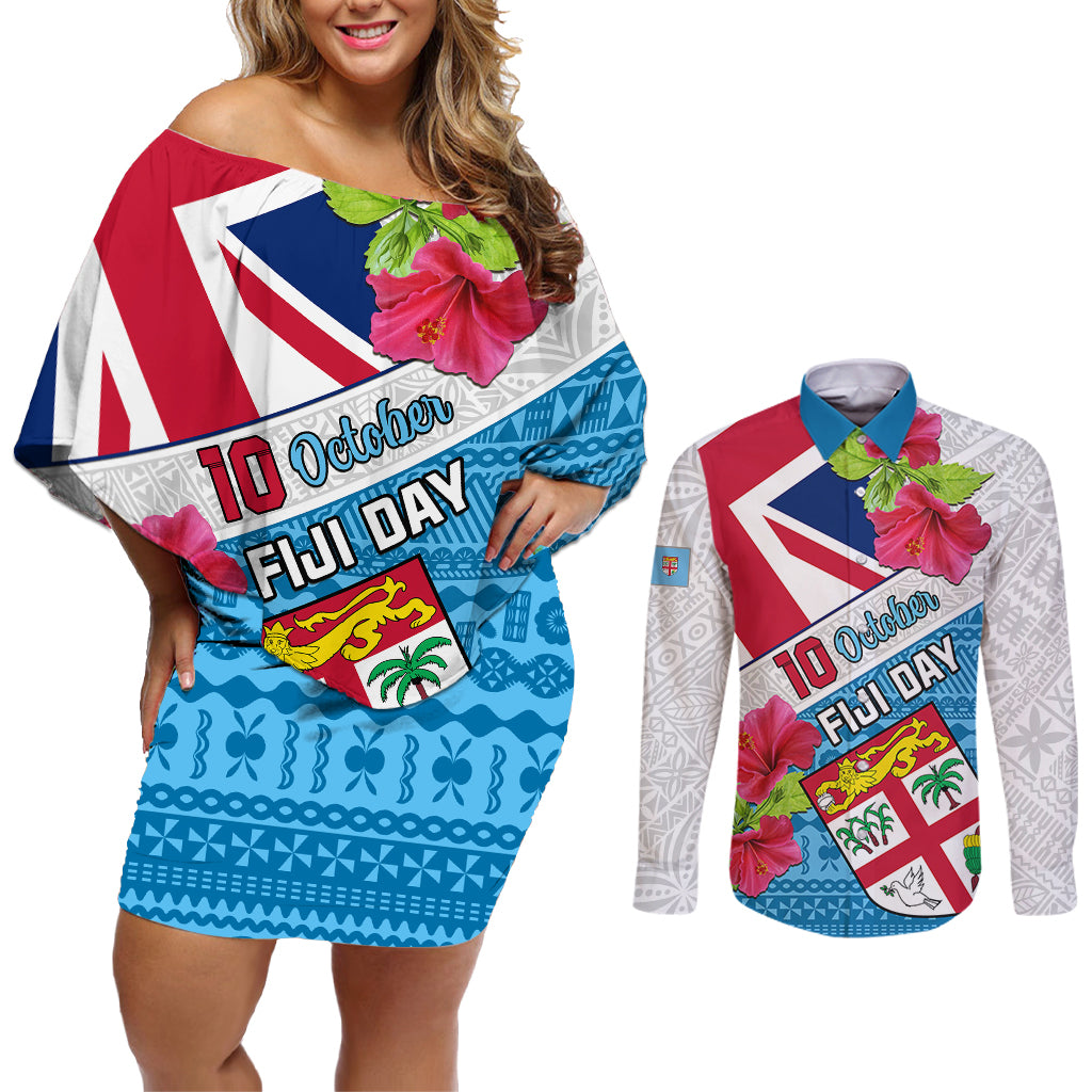 Personalised Fiji Day Couples Matching Off Shoulder Short Dress and Long Sleeve Button Shirts Fijian Hibiscus Special Version - Wonder Print Shop
