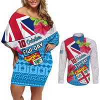 Personalised Fiji Day Couples Matching Off Shoulder Short Dress and Long Sleeve Button Shirts Fijian Hibiscus Special Version - Wonder Print Shop