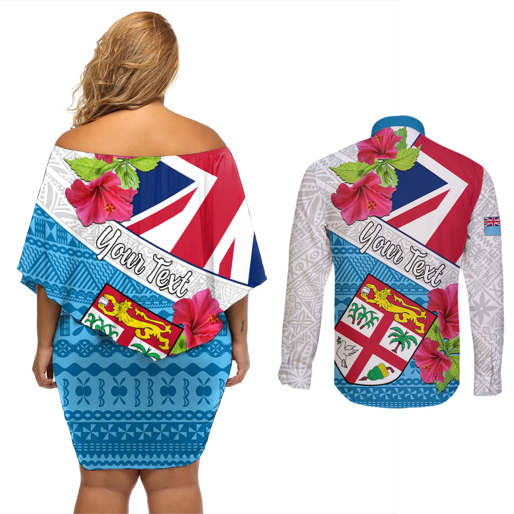 Personalised Fiji Day Couples Matching Off Shoulder Short Dress and Long Sleeve Button Shirts Fijian Hibiscus Special Version - Wonder Print Shop