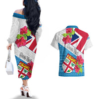 Personalised Fiji Day Couples Matching Off The Shoulder Long Sleeve Dress and Hawaiian Shirt Fijian Hibiscus Special Version - Wonder Print Shop