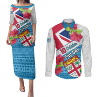 Personalised Fiji Day Couples Matching Puletasi Dress and Long Sleeve Button Shirts Fijian Hibiscus Special Version - Wonder Print Shop