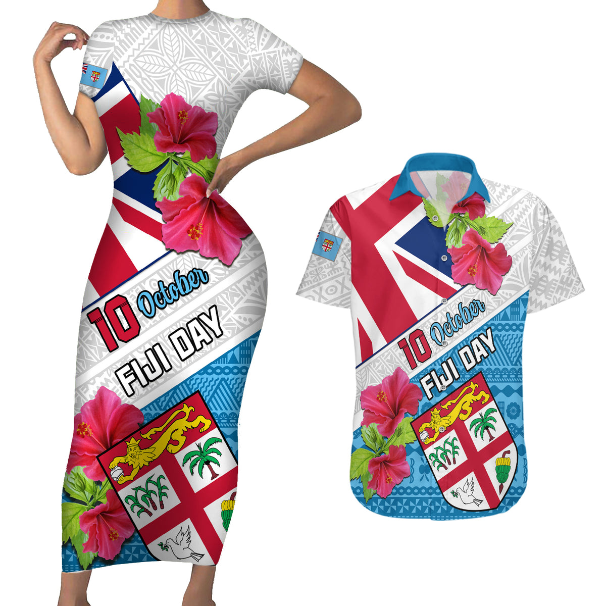 Personalised Fiji Day Couples Matching Short Sleeve Bodycon Dress and Hawaiian Shirt Fijian Hibiscus Special Version - Wonder Print Shop