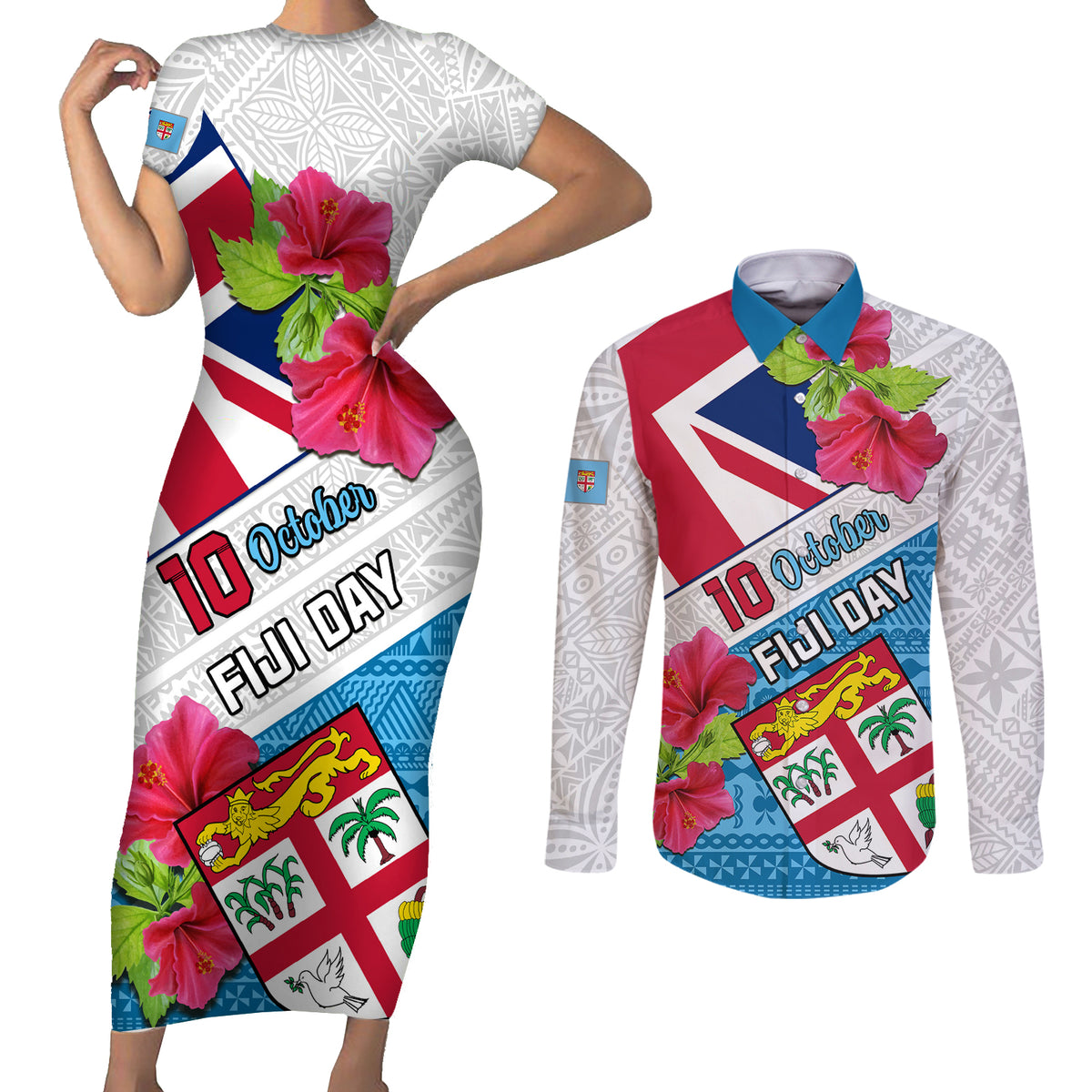 Personalised Fiji Day Couples Matching Short Sleeve Bodycon Dress and Long Sleeve Button Shirts Fijian Hibiscus Special Version - Wonder Print Shop