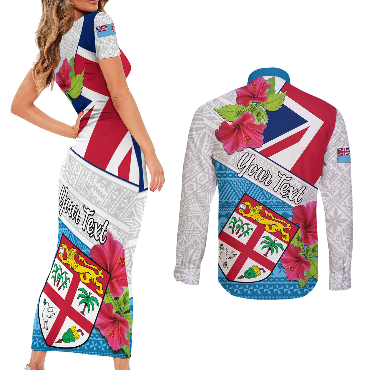 Personalised Fiji Day Couples Matching Short Sleeve Bodycon Dress and Long Sleeve Button Shirts Fijian Hibiscus Special Version - Wonder Print Shop