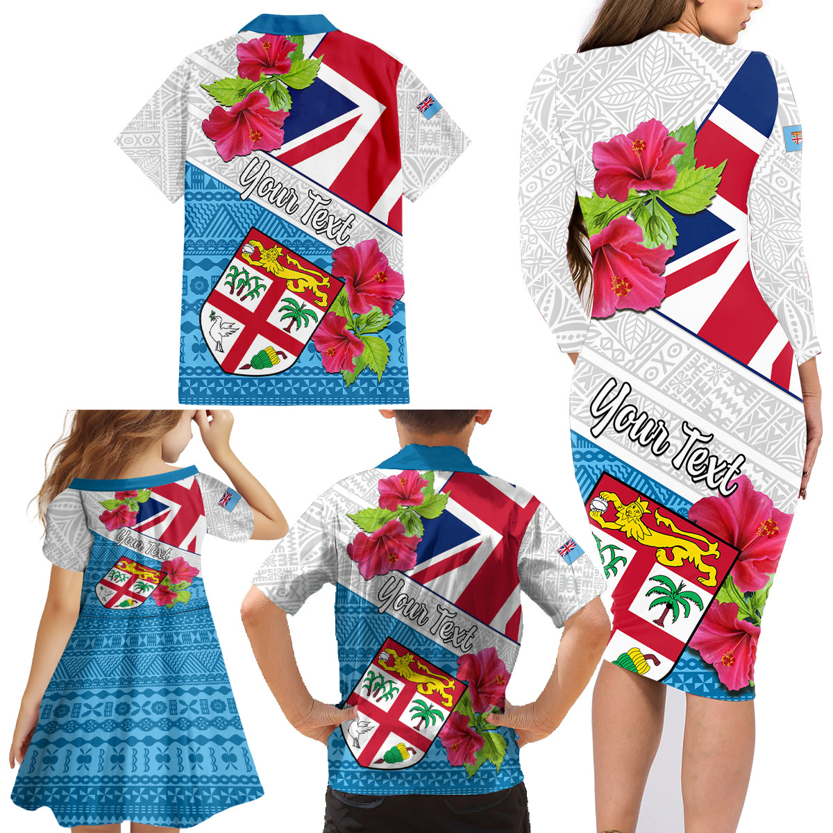 Personalised Fiji Day Family Matching Long Sleeve Bodycon Dress and Hawaiian Shirt Fijian Hibiscus Special Version - Wonder Print Shop