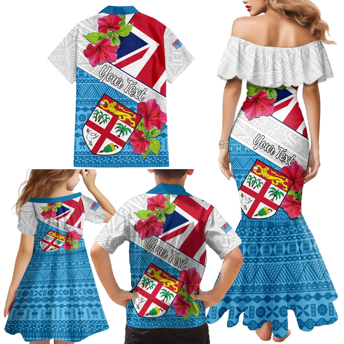 Personalised Fiji Day Family Matching Mermaid Dress and Hawaiian Shirt Fijian Hibiscus Special Version - Wonder Print Shop
