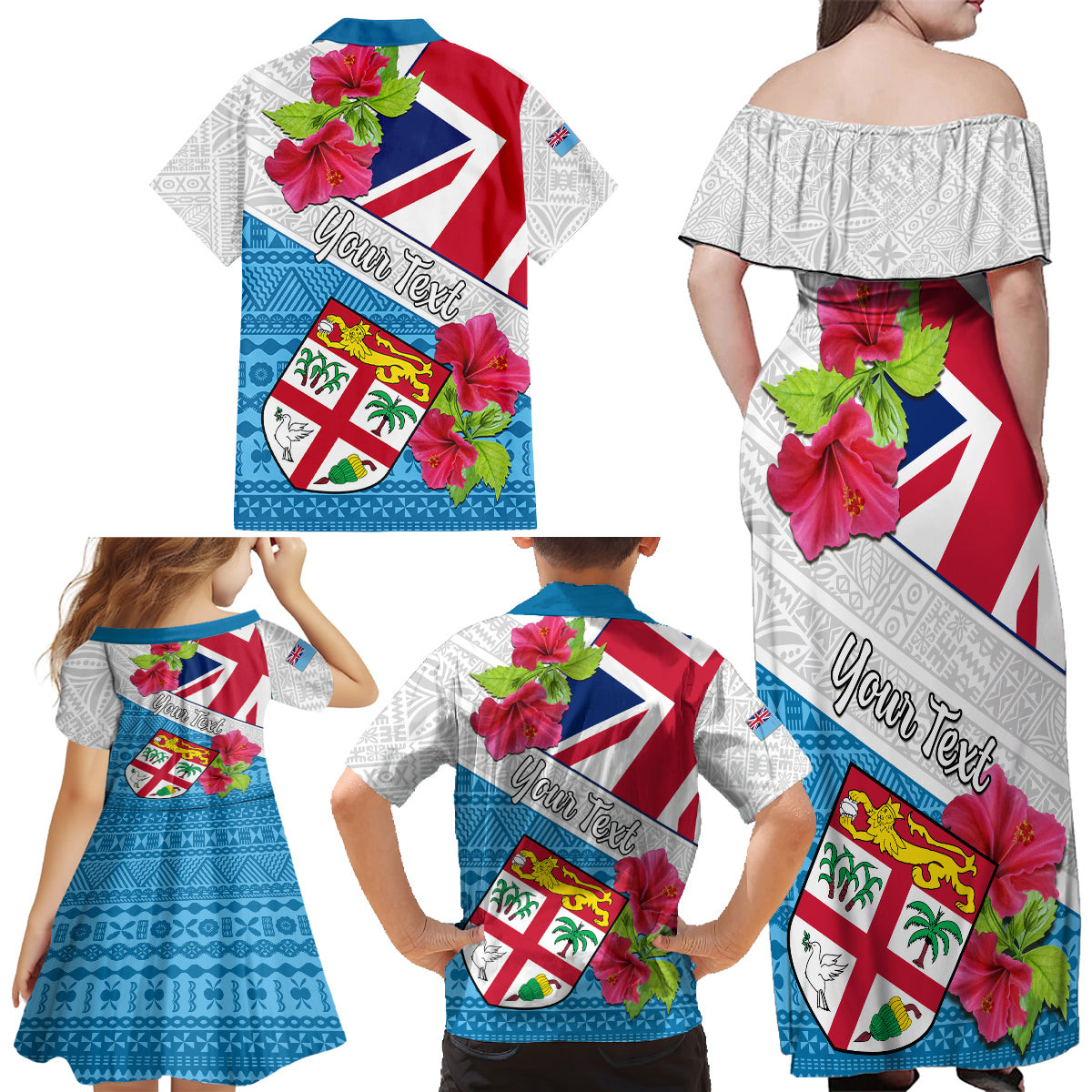 Personalised Fiji Day Family Matching Off Shoulder Long Sleeve Dress and Hawaiian Shirt Fijian Hibiscus Special Version - Wonder Print Shop