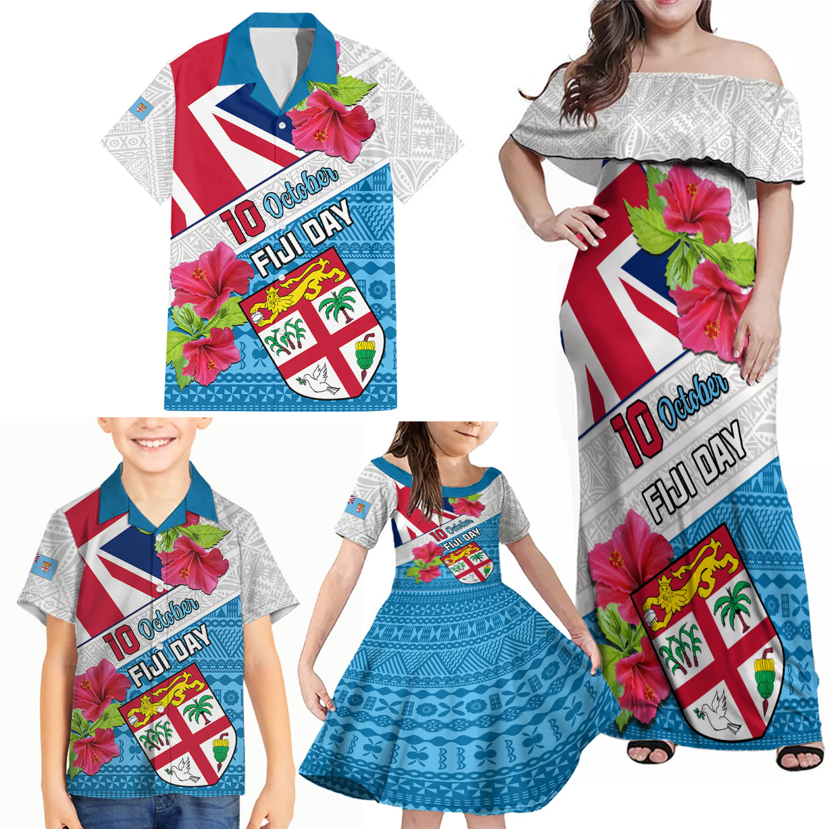 Personalised Fiji Day Family Matching Off Shoulder Maxi Dress and Hawaiian Shirt Fijian Hibiscus Special Version - Wonder Print Shop