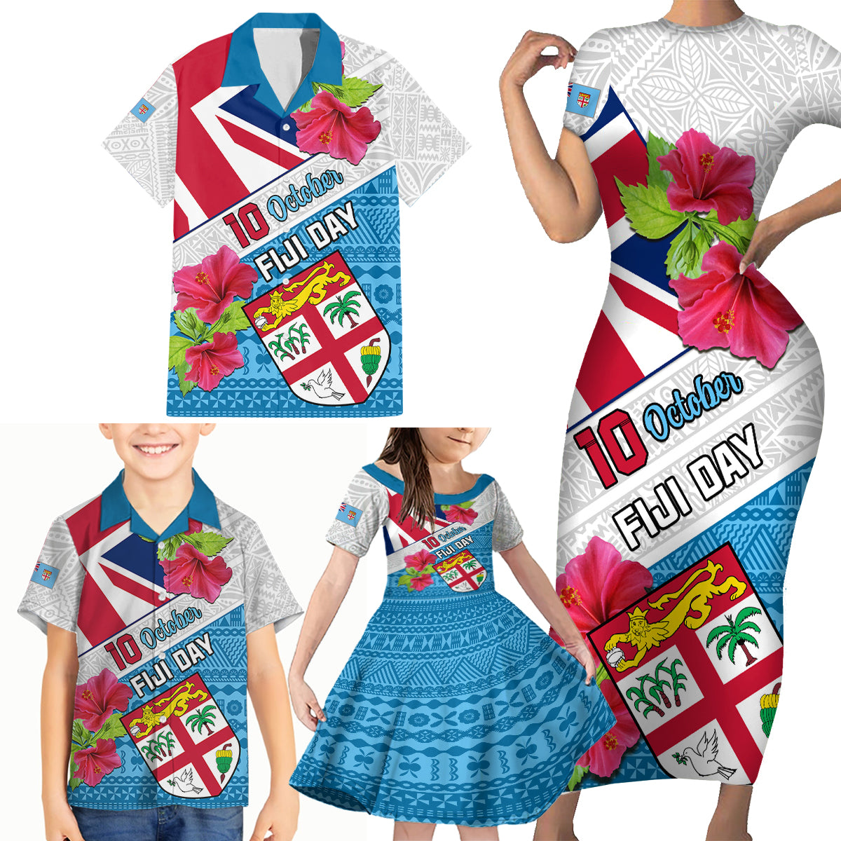 Personalised Fiji Day Family Matching Short Sleeve Bodycon Dress and Hawaiian Shirt Fijian Hibiscus Special Version - Wonder Print Shop