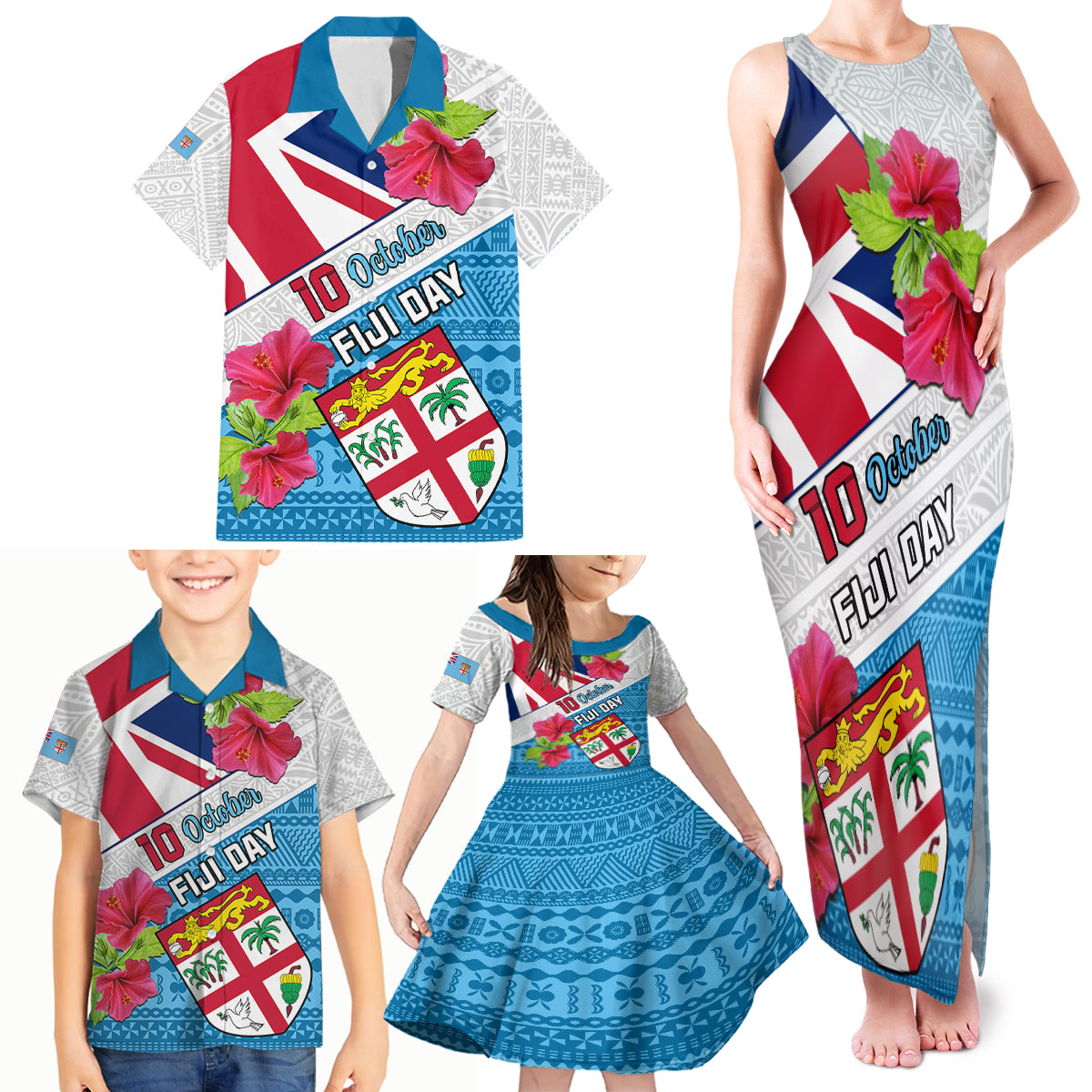 Personalised Fiji Day Family Matching Tank Maxi Dress and Hawaiian Shirt Fijian Hibiscus Special Version - Wonder Print Shop