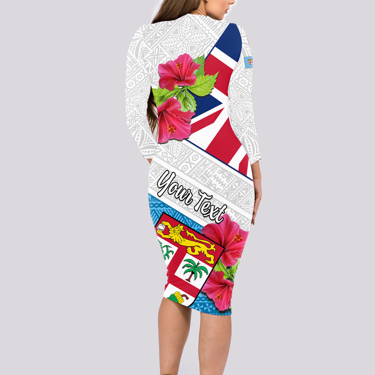 Personalised Fiji Day Long Sleeve Bodycon Dress Fijian Hibiscus Special Version - Wonder Print Shop