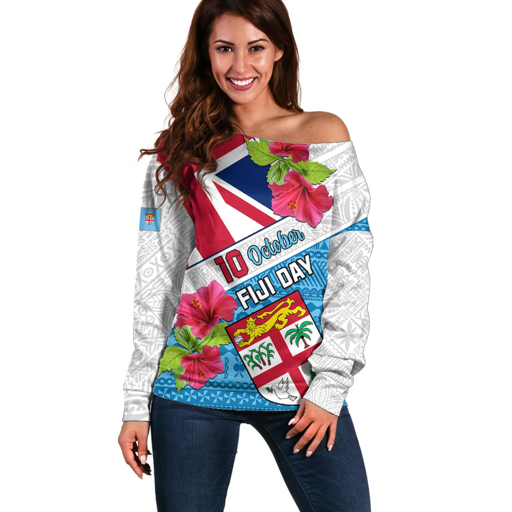 Personalised Fiji Day Off Shoulder Sweater Fijian Hibiscus Special Version - Wonder Print Shop