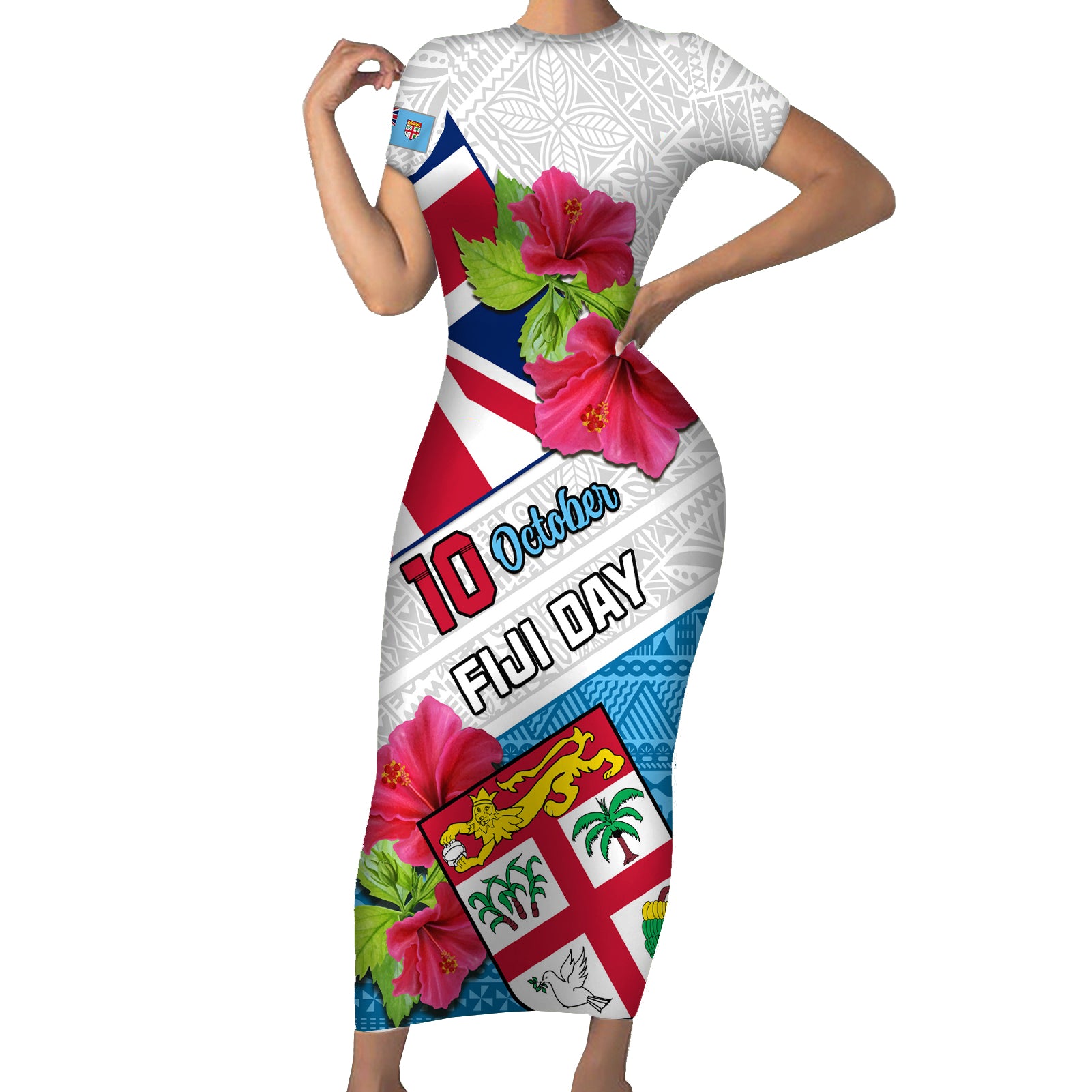 Personalised Fiji Day Short Sleeve Bodycon Dress Fijian Hibiscus Special Version - Wonder Print Shop