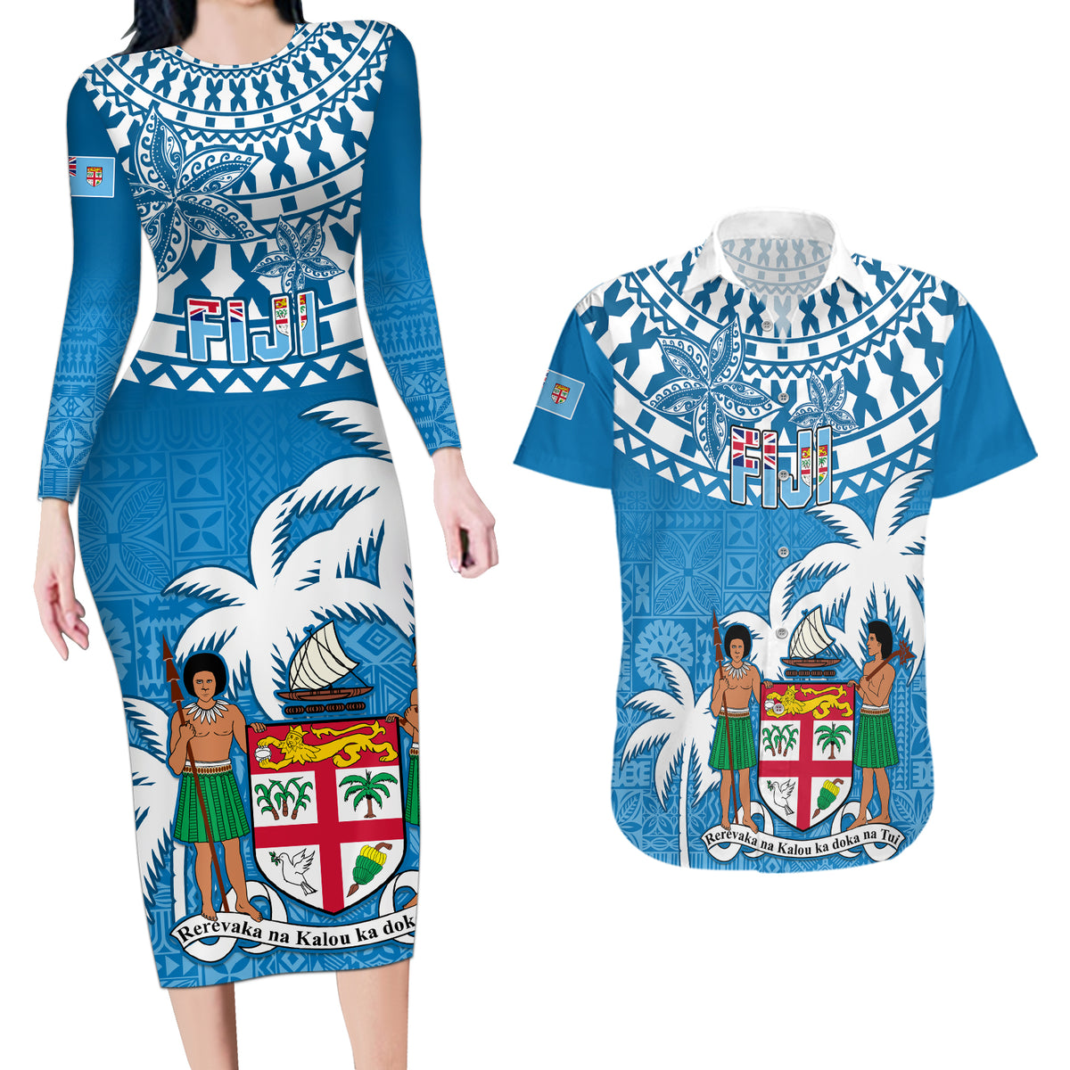 Fiji Couples Matching Long Sleeve Bodycon Dress and Hawaiian Shirt Bula Fijian Tapa Pattern - Wonder Print Shop