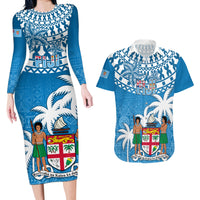 Fiji Couples Matching Long Sleeve Bodycon Dress and Hawaiian Shirt Bula Fijian Tapa Pattern - Wonder Print Shop