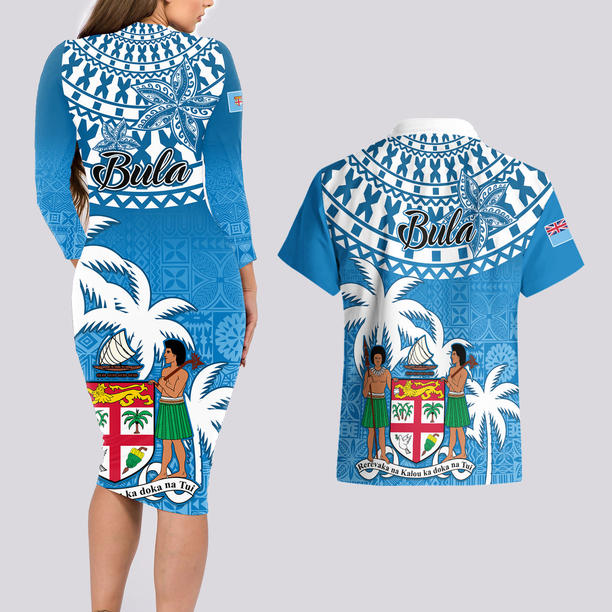 Fiji Couples Matching Long Sleeve Bodycon Dress and Hawaiian Shirt Bula Fijian Tapa Pattern - Wonder Print Shop