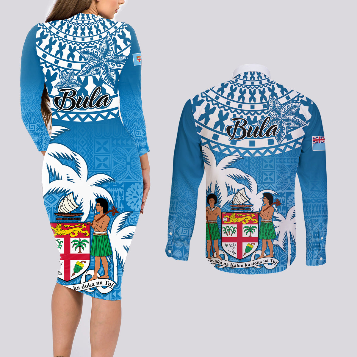 Fiji Couples Matching Long Sleeve Bodycon Dress and Long Sleeve Button Shirts Bula Fijian Tapa Pattern - Wonder Print Shop