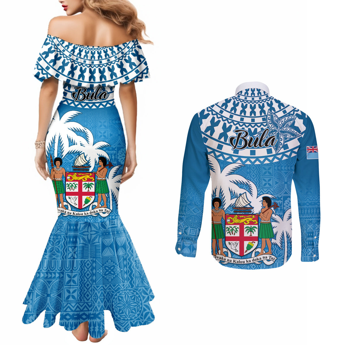 fiji-couples-matching-mermaid-dress-and-long-sleeve-button-shirts-bula-fijian-tapa-pattern