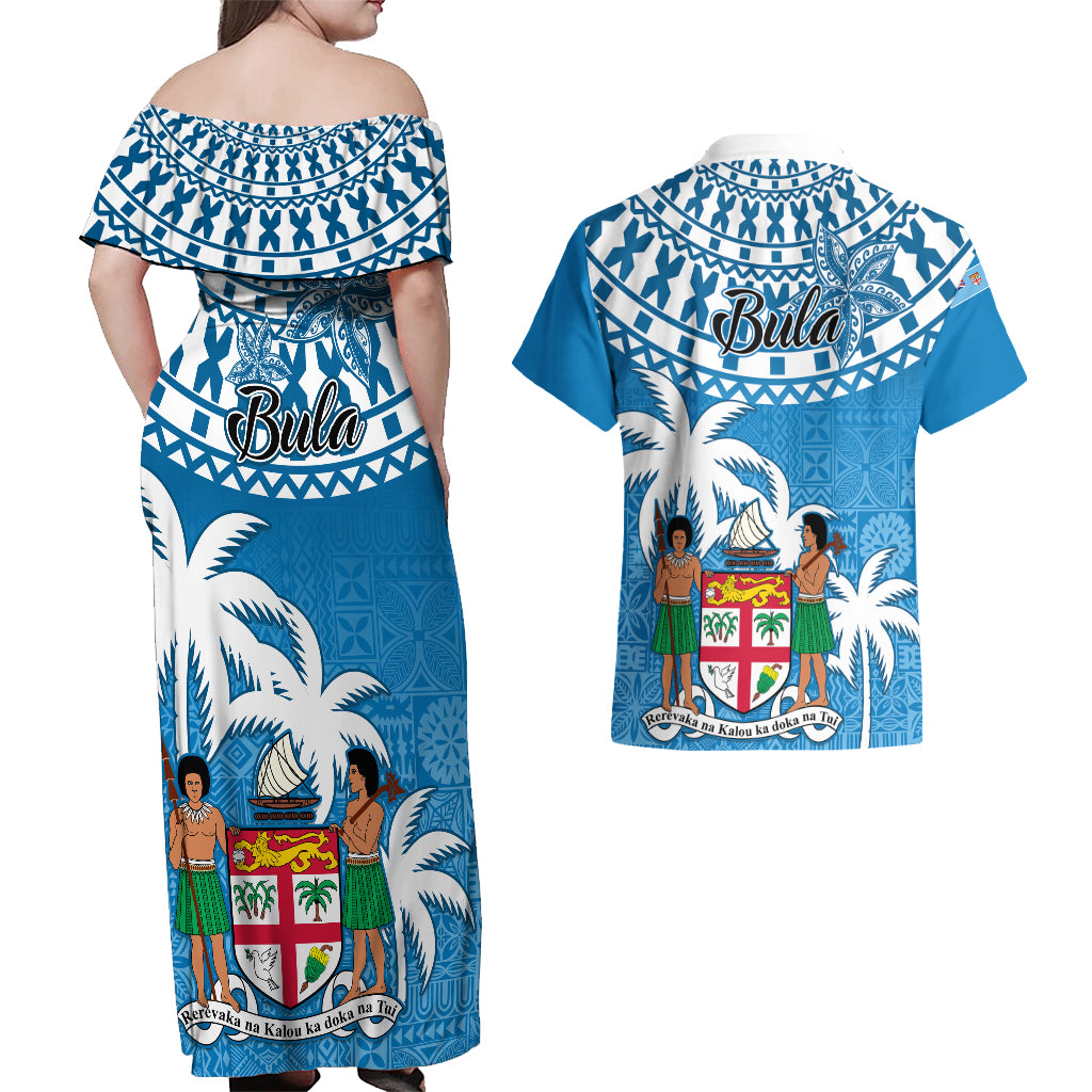 Fiji Couples Matching Off Shoulder Maxi Dress and Hawaiian Shirt Bula Fijian Tapa Pattern - Wonder Print Shop