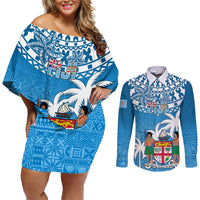 Fiji Couples Matching Off Shoulder Short Dress and Long Sleeve Button Shirts Bula Fijian Tapa Pattern - Wonder Print Shop