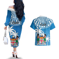 Fiji Couples Matching Off The Shoulder Long Sleeve Dress and Hawaiian Shirt Bula Fijian Tapa Pattern - Wonder Print Shop