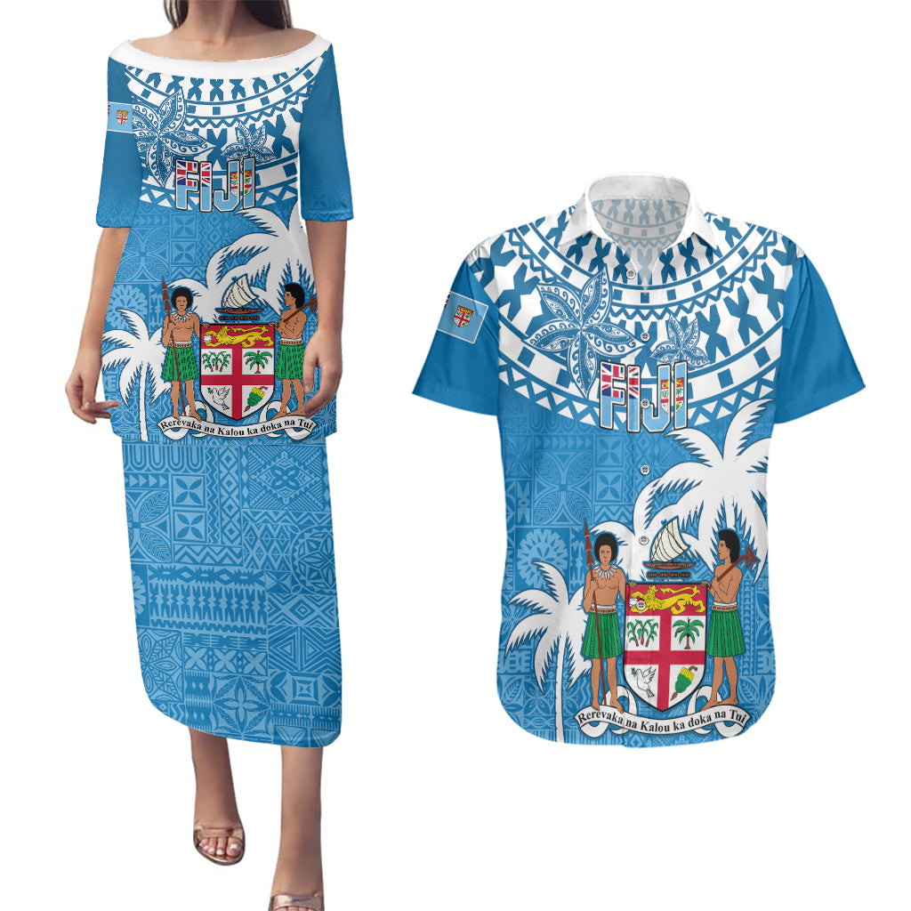 Fiji Couples Matching Puletasi Dress and Hawaiian Shirt Bula Fijian Tapa Pattern - Wonder Print Shop