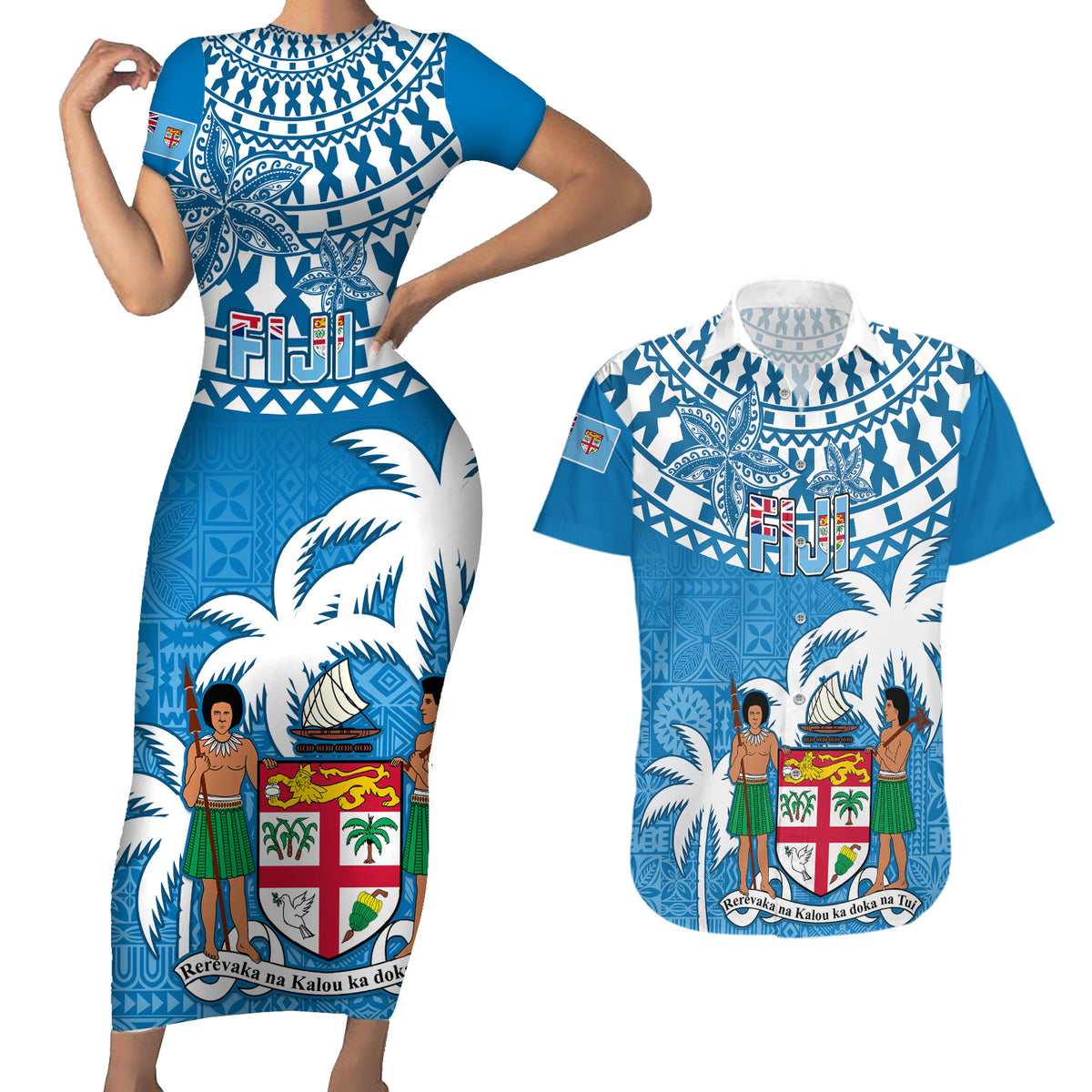 Fiji Couples Matching Short Sleeve Bodycon Dress and Hawaiian Shirt Bula Fijian Tapa Pattern - Wonder Print Shop