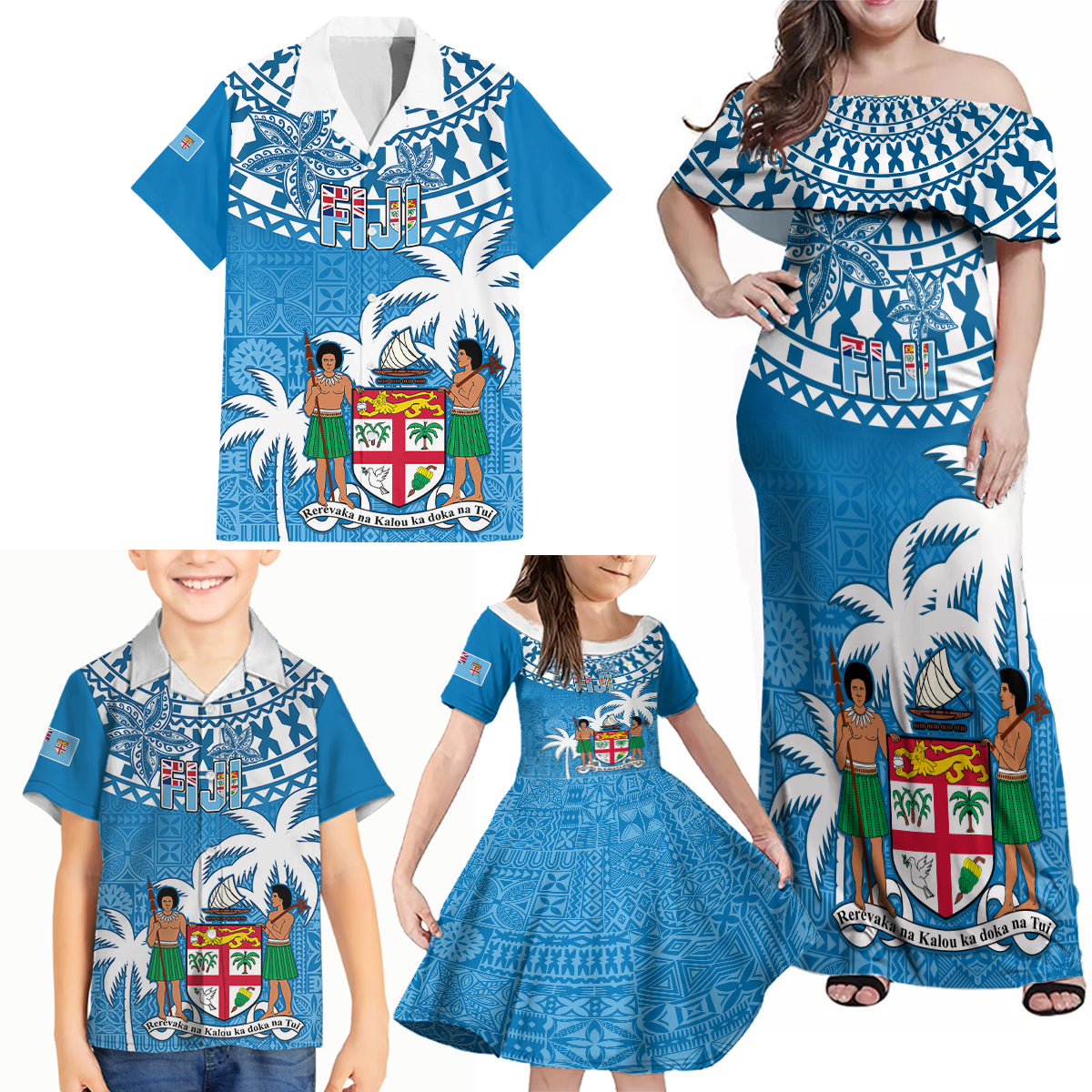Fiji Family Matching Off Shoulder Maxi Dress and Hawaiian Shirt Bula Fijian Tapa Pattern - Wonder Print Shop